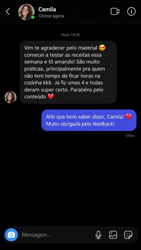 Depoimento de Camila: receitas práticas, já fez quatro e todas deram certo